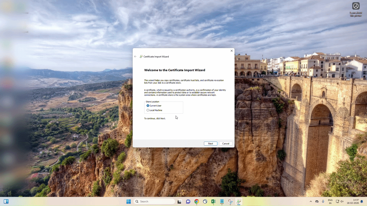 Screenshot of Certificate Import Wizard showing Current User selected